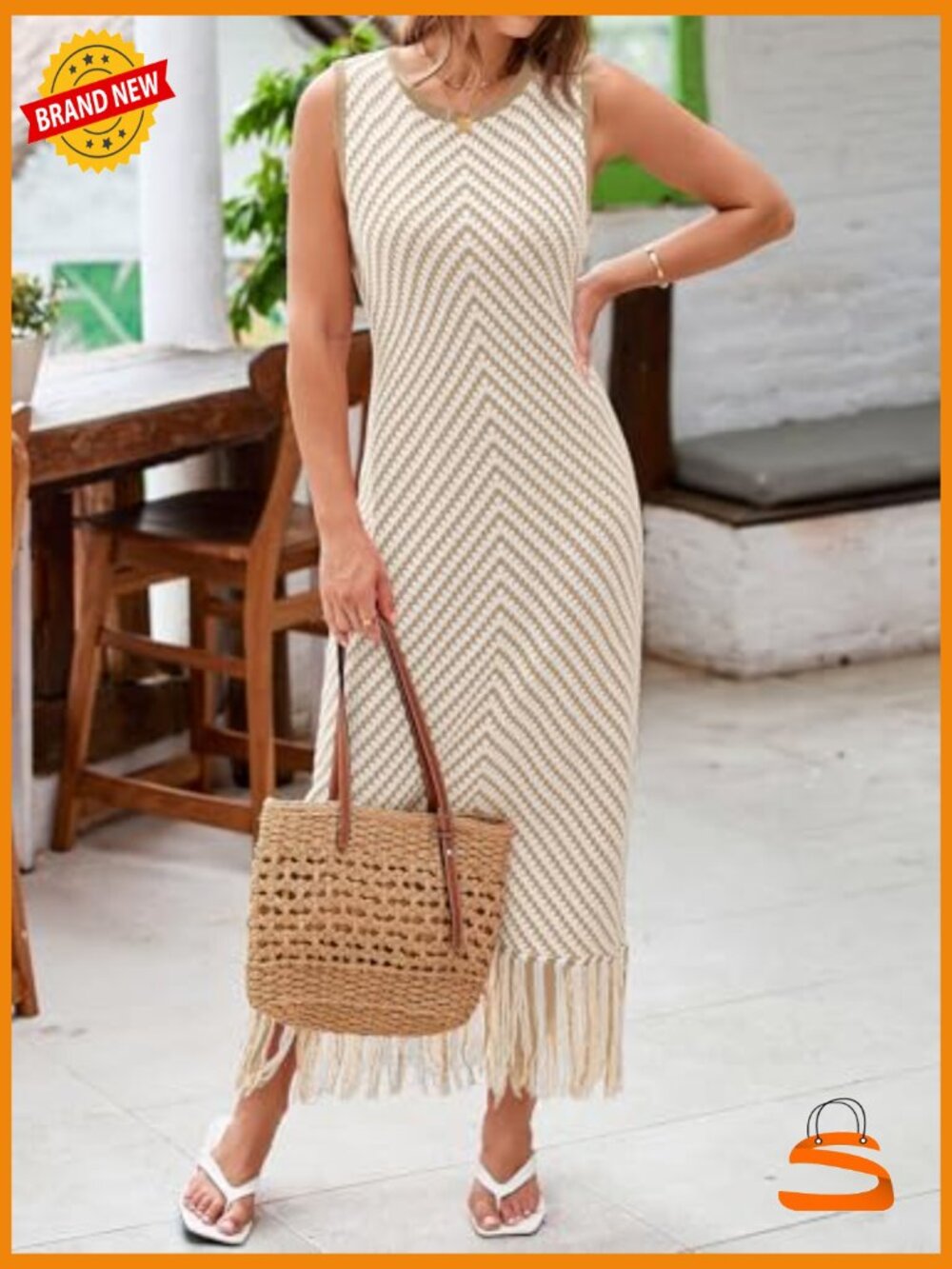 Boho Crochet Knit Maxi Dress Sleeveless Tassel Fringe Sweater Tank Dress - Picture 3 of 5